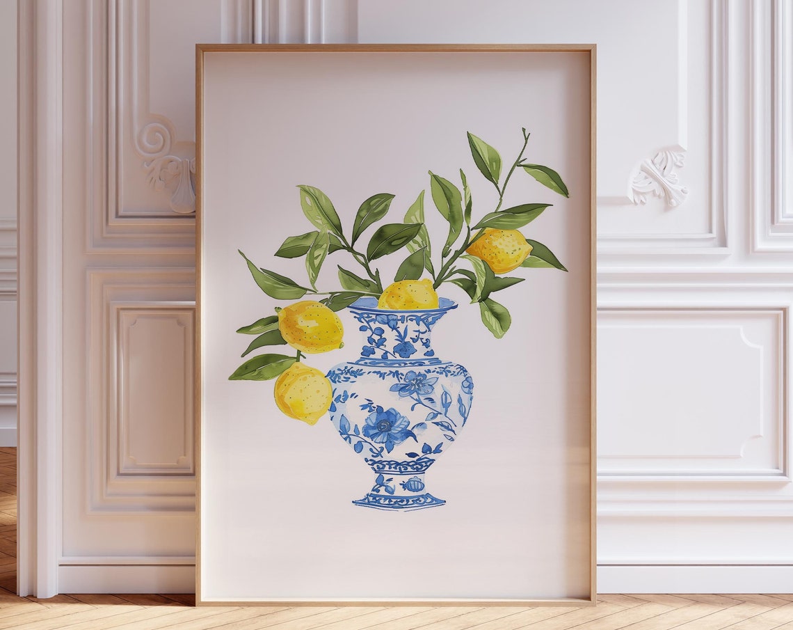 Lemon Print Wall Art Fruit Kitchen Blue Vase