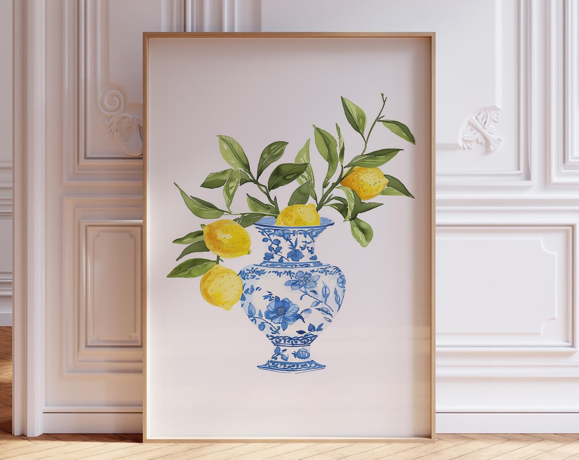 Lemons in Blue Chinoiserie Vase Kitchen Watercolor Still Life Print