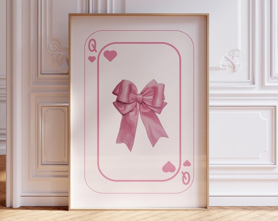 Queen of Hearts Pink Bow Playing Card Poster Coquette Room Wall Decor
