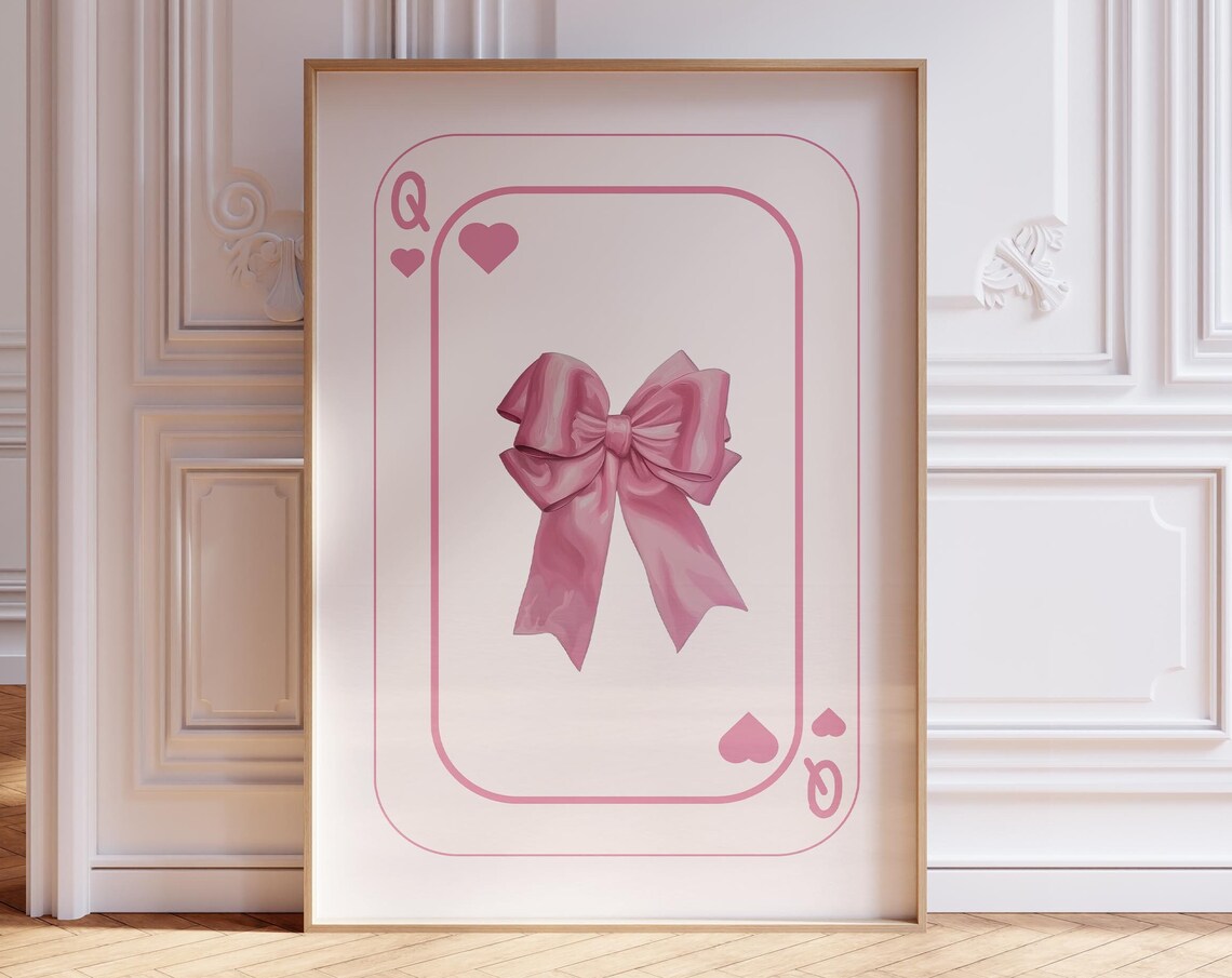 Queen of Hearts Pink Bow Playing Card Poster Coquette Room Wall Decor