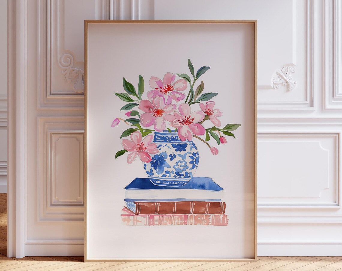 Pink Cherry Blossom Watercolor in Blue Chinoiserie Vase Poster