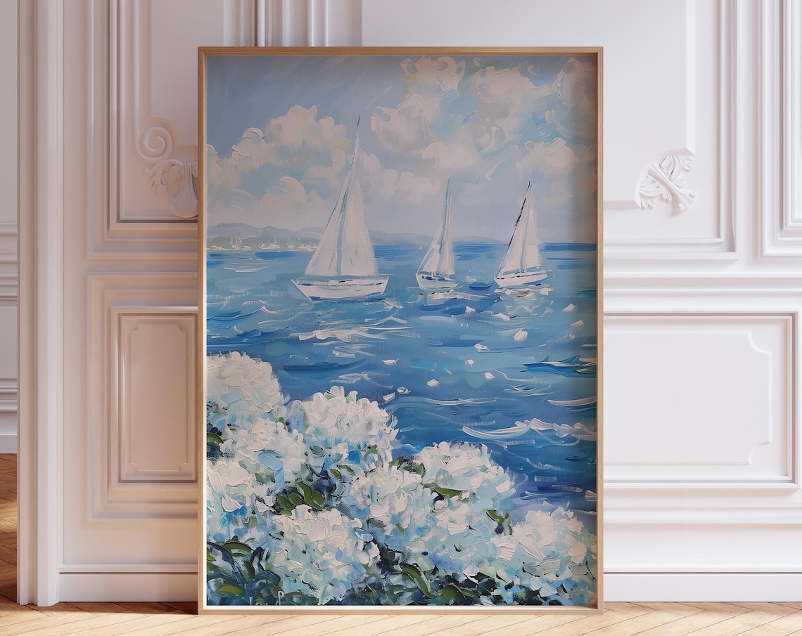White Sailboats On A Blue Sea With Hydrangeas Coastal Painting Poster
