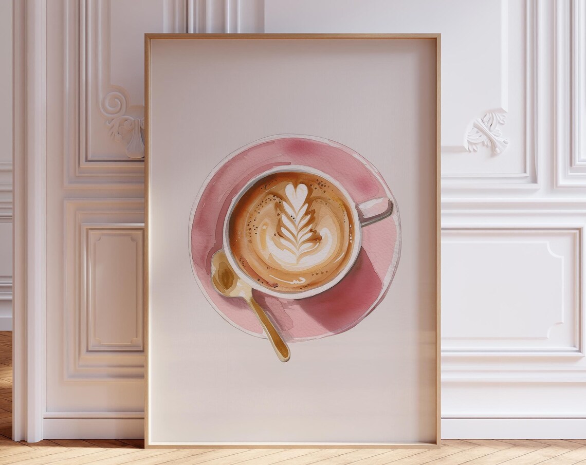Pink Watercolor Latte Art Coffee Cup Top View Kitchen Wall Art