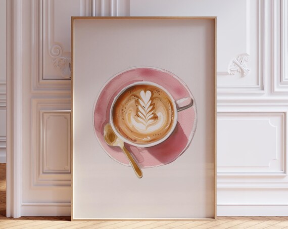 Pink Watercolor Coffee Print Kitchen Girly Bar Cute Latte