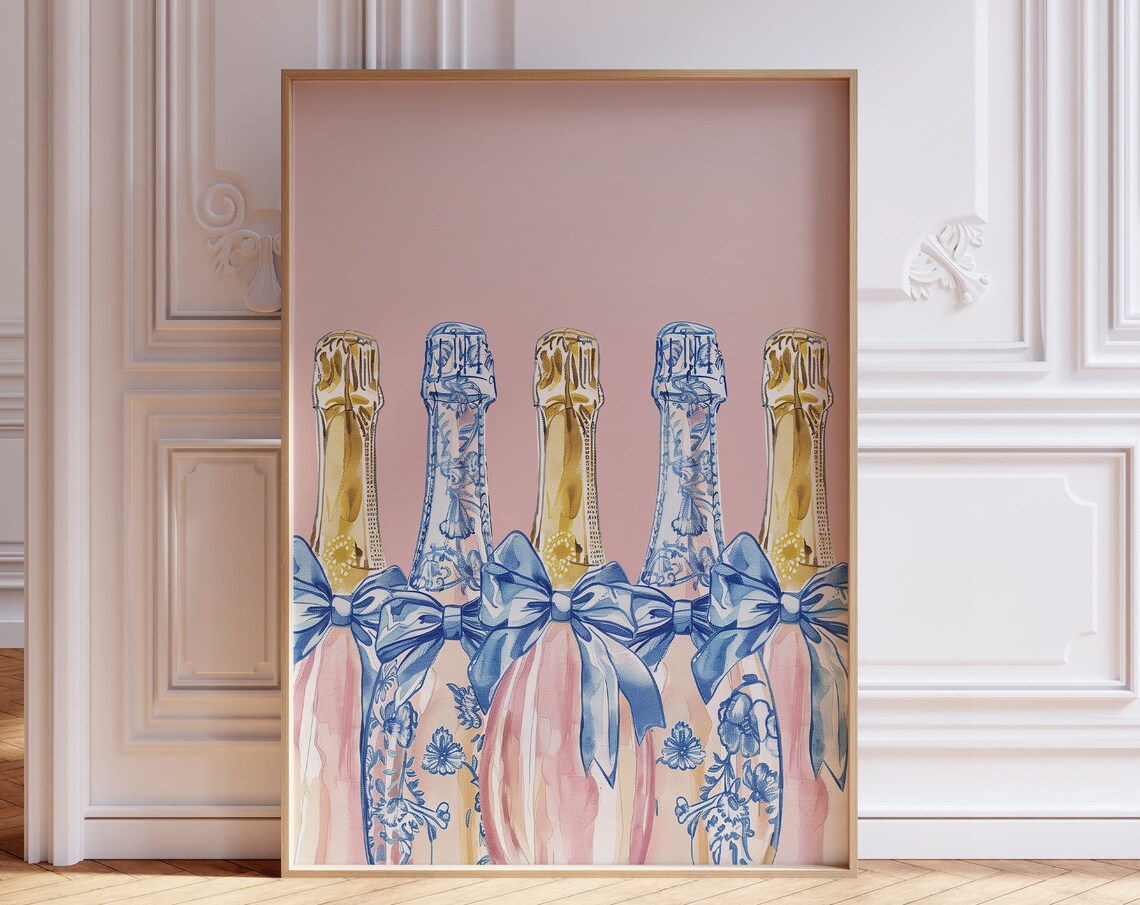 Champagne Bottles With Blue Bows Pink Coquette Bar Cart Poster