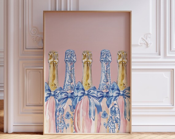 Champagne Bottles With Blue Bows Pink Coquette Bar Cart Poster