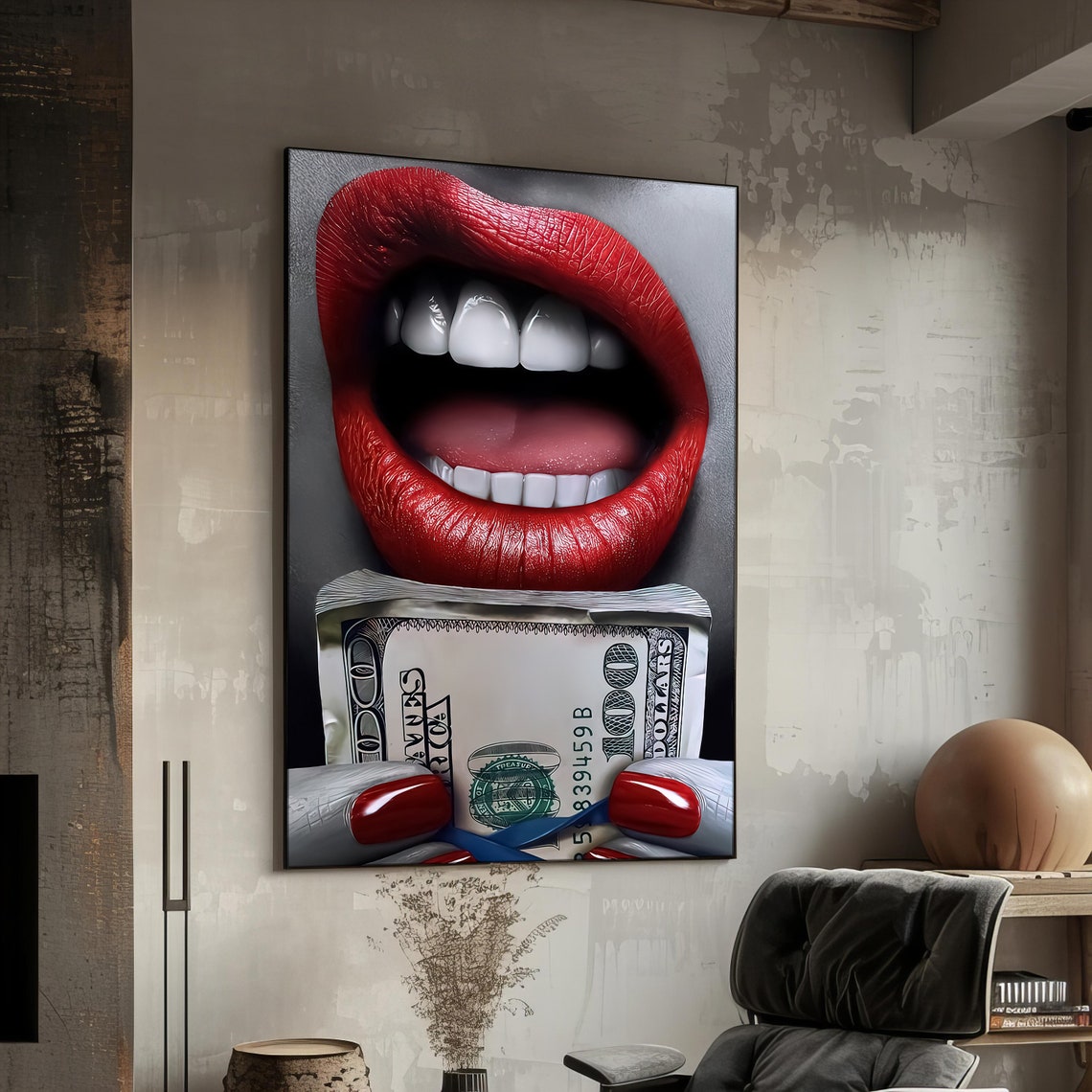 Red Lips Biting Money Luxury Dollar Bill Pop Art Wall Poster