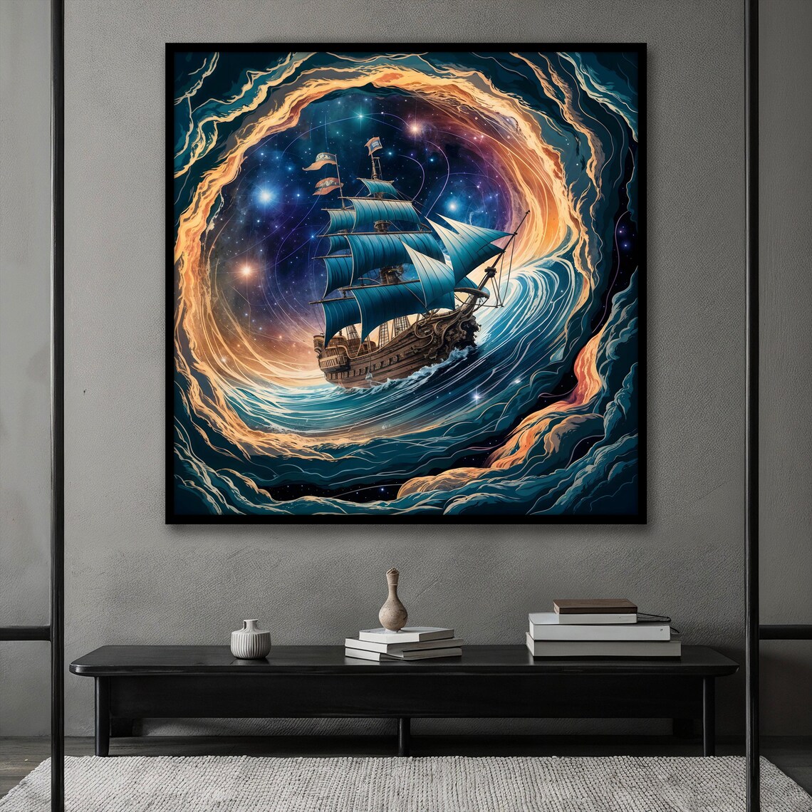 Surreal Tall Ship Sailing Through Starry Cosmic Whirlpool Fantasy Poster - Image 2