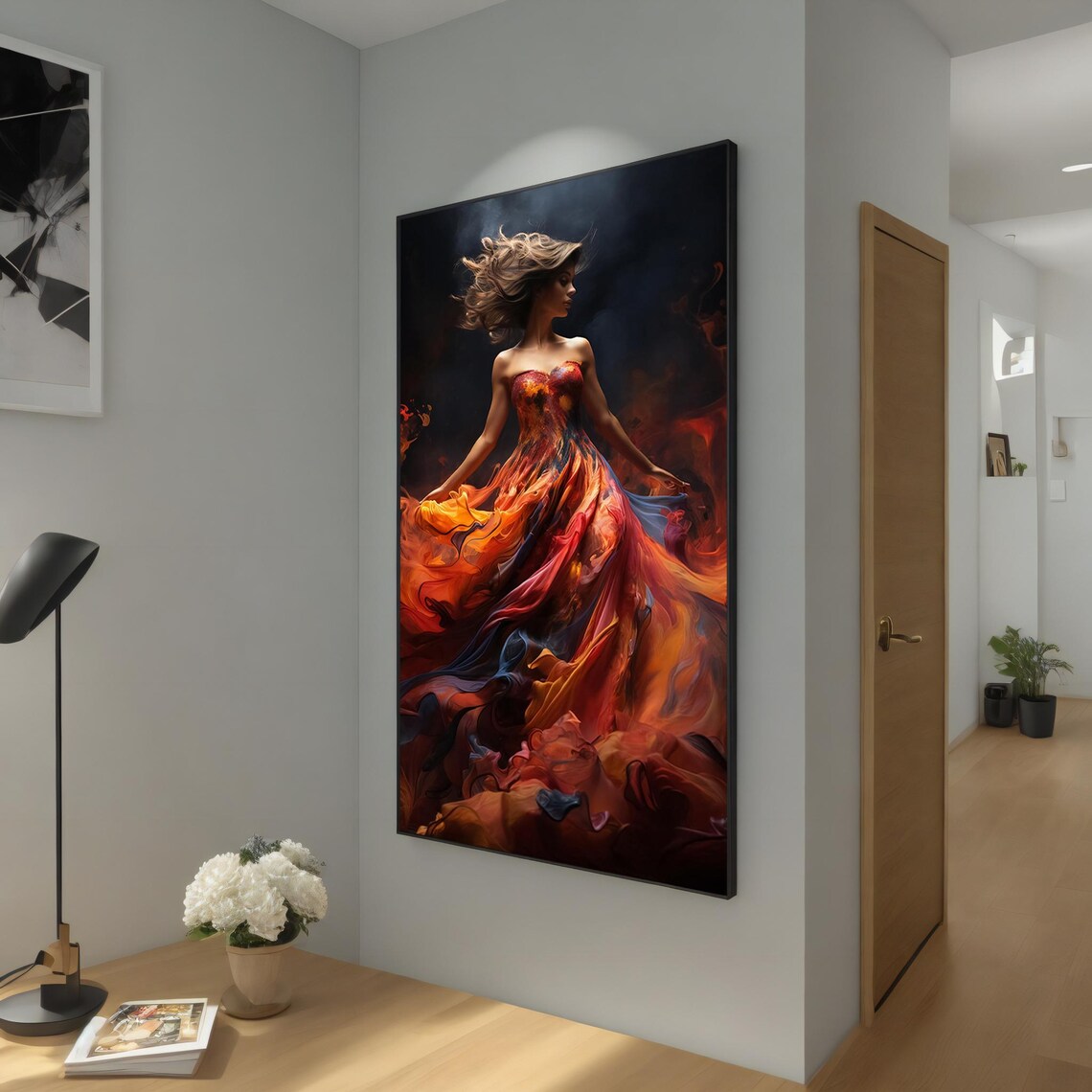 Dramatic Woman In Fiery Flowing Gown Abstract Fiery Dress Painting Poster