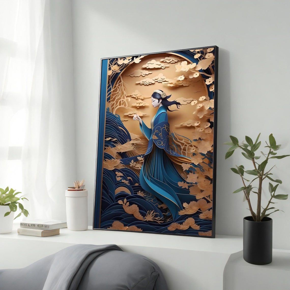 Paper Cut Style Woman in Blue Kimono Waves and Golden Clouds Poster