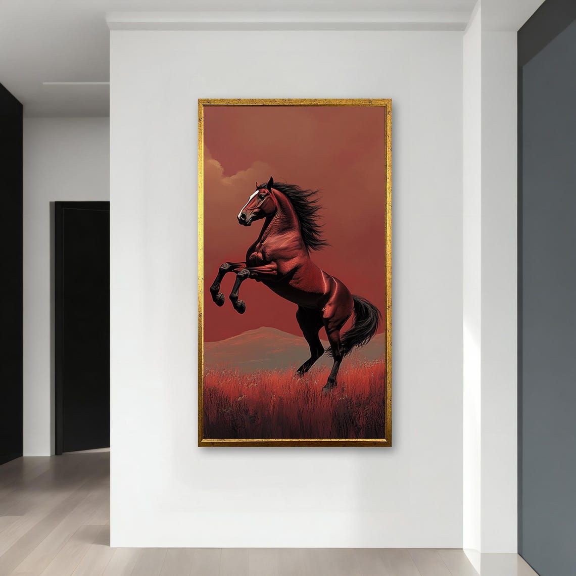 Rearing Chestnut Horse at Red Sunset Dramatic Equine Art Poster - Image 3