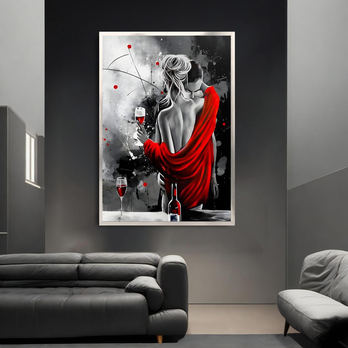 Romantic Wine Couple Red Shawl Black White Embrace Art Poster - Image 3