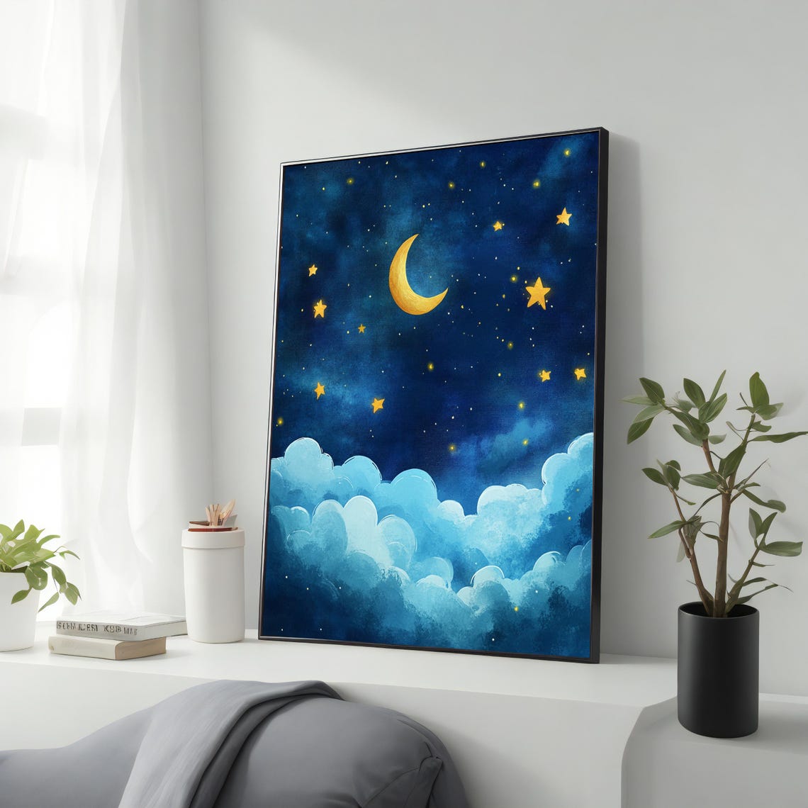 Moon and Stars Night Sky Watercolor Dreamy Blue Clouds Nursery Poster