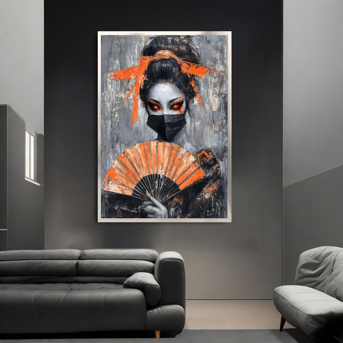 Masked Geisha Orange Fan Dark Gothic Japanese Beauty Art Poster - Image 3