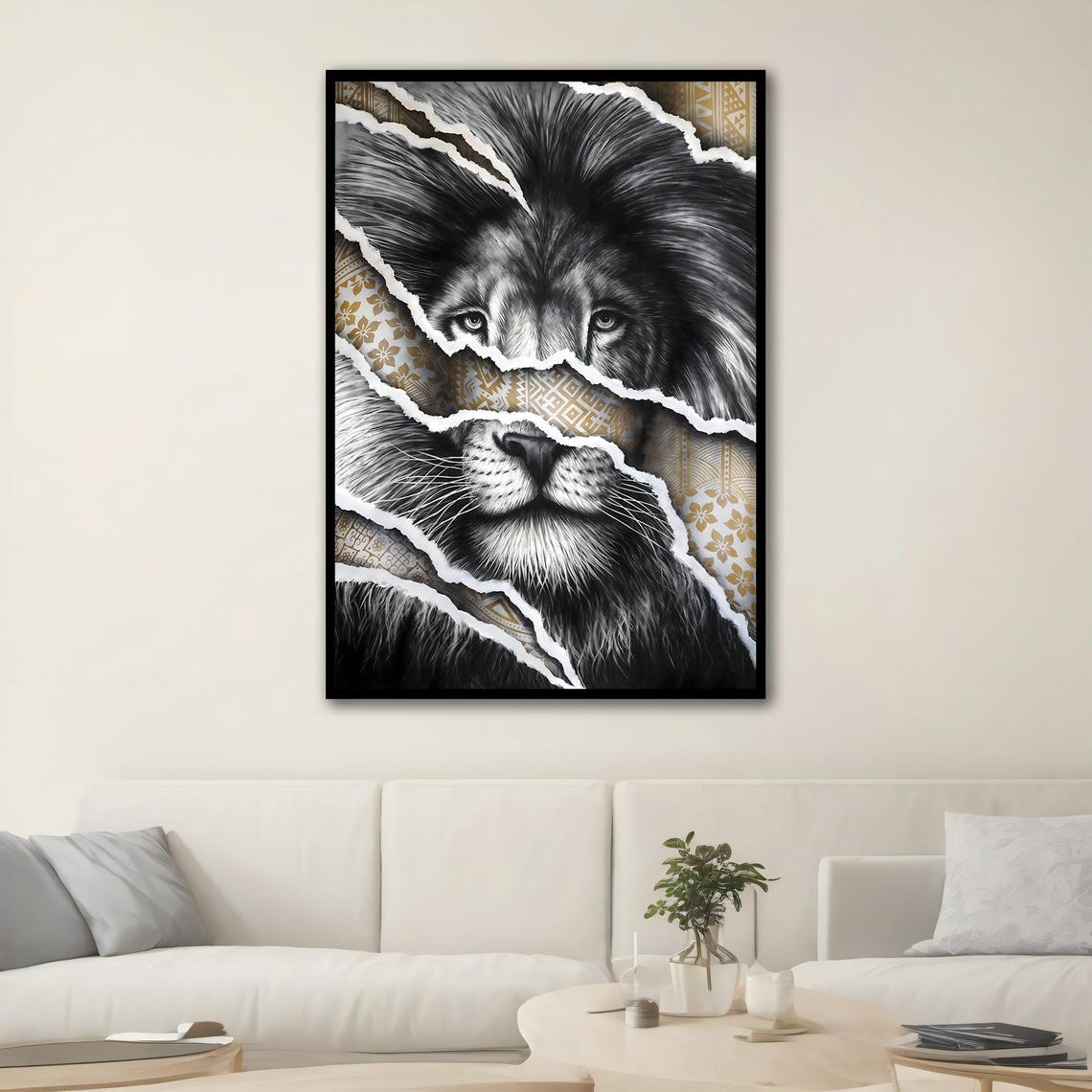 Lion Face Torn Paper Gold Tribal Pattern Bold Wildlife Poster - Image 2
