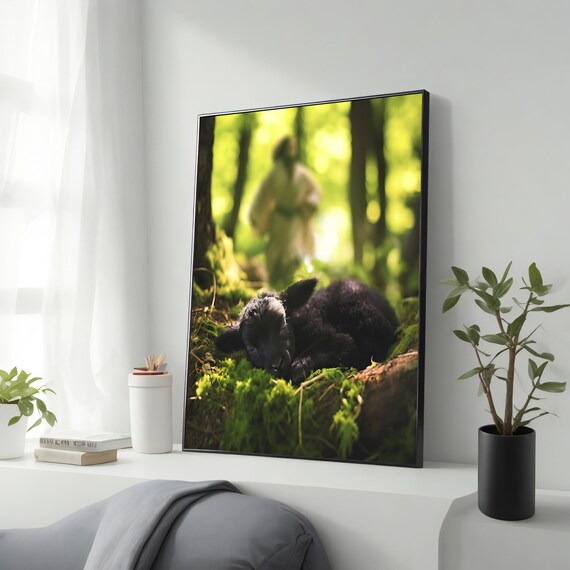 Lost Lamb and Jesus in Sunlit Forest Christian Shepherd Art Print