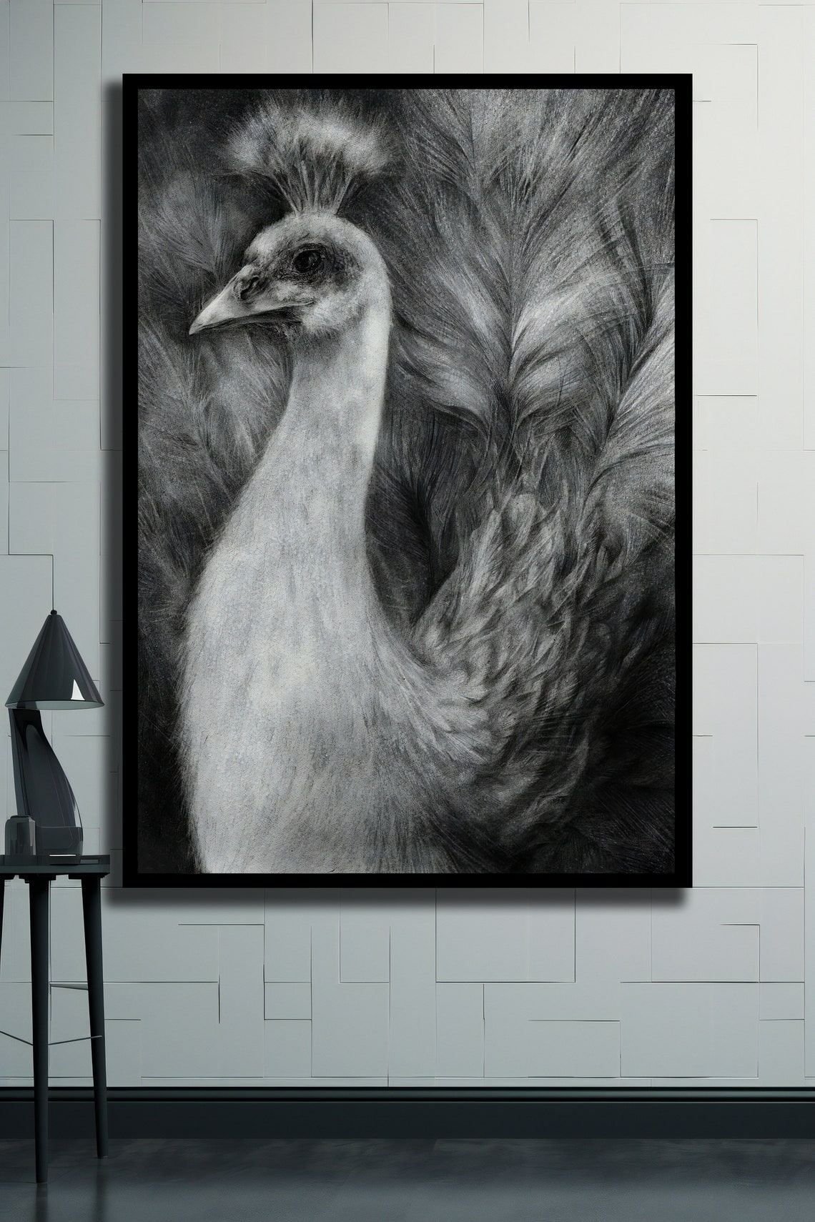 Black And White Peacock Charcoal Portrait Dramatic Bird Poster - Image 2