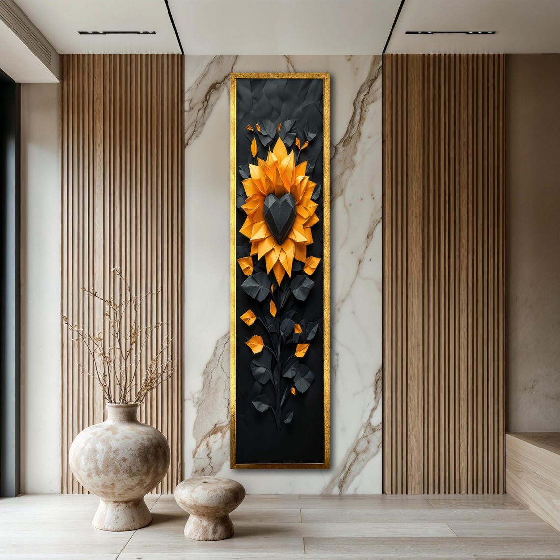 Orange Paper Flower Black Heart 3D Paper Craft Tall Narrow Wall Poster
