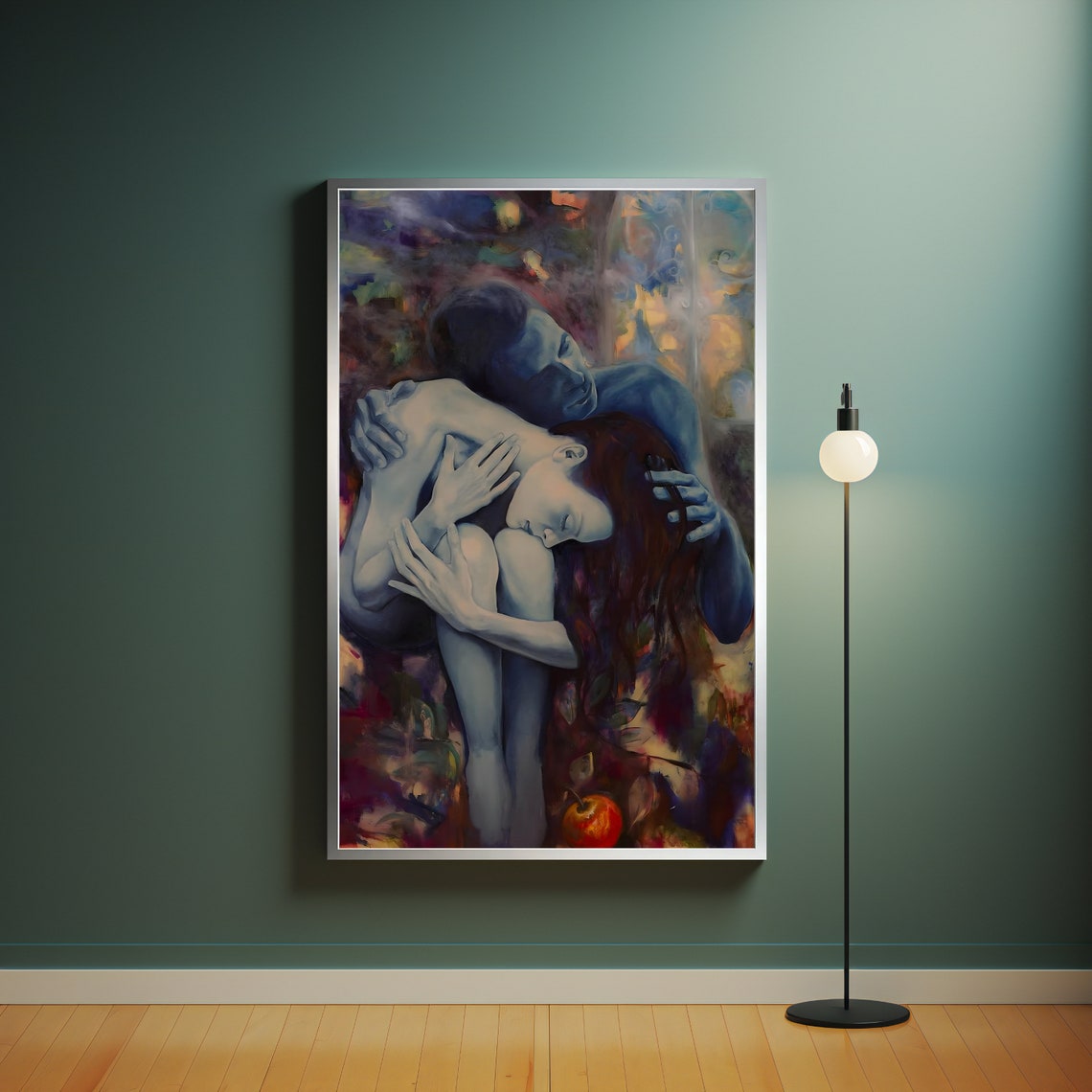 Tender Embrace Romantic Couple Painting Blue Violet Lovers Wall Art - Image 4