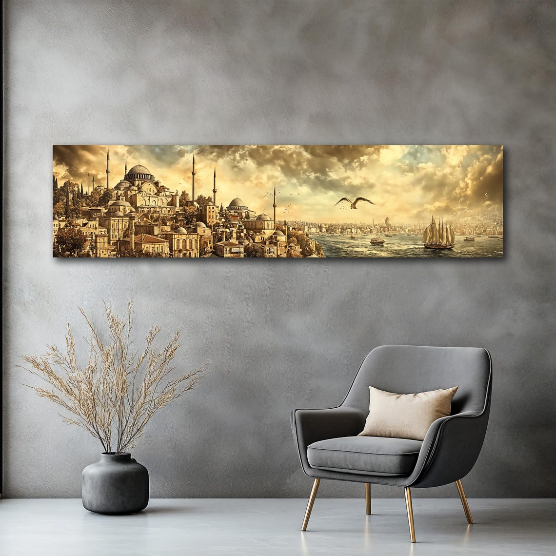 Istanbul Turkey Hagia Sophia Skyline Bosphorus Sepia Panoramic Poster - Image 2