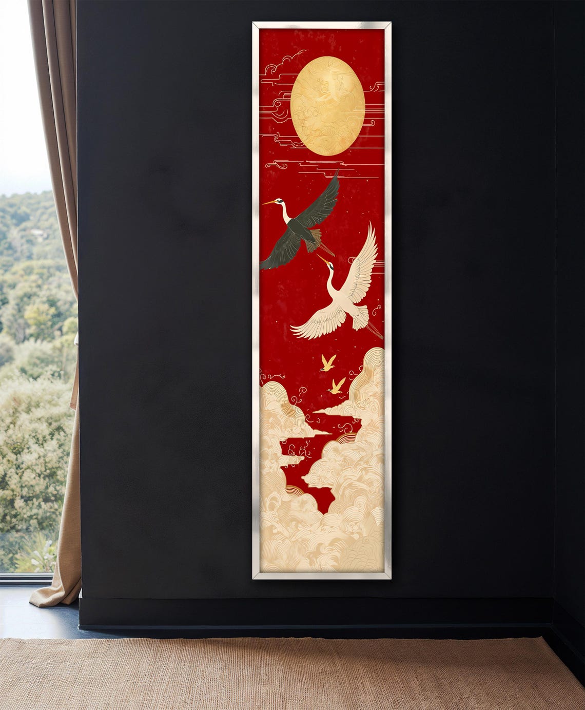 Japanese Cranes Gold Sun Red Sky Asian Style Vertical Art Poster - Image 4