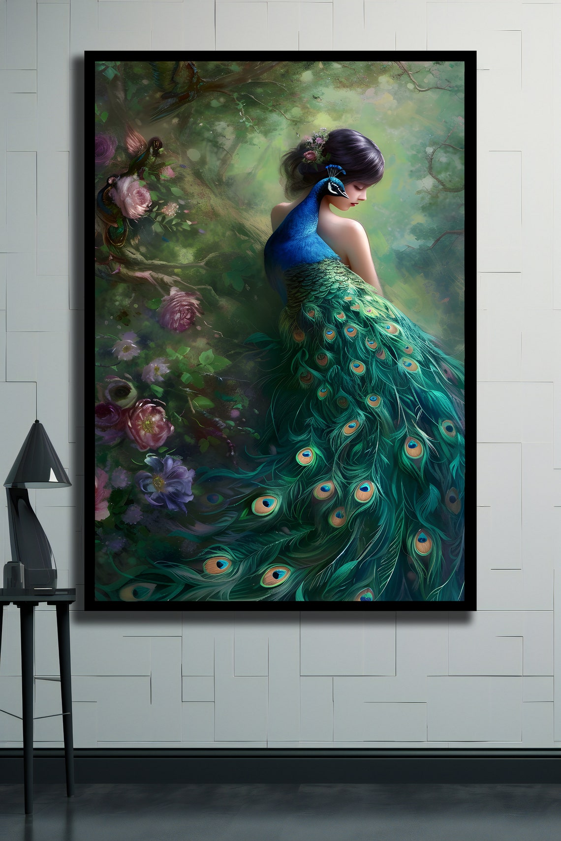 Fantasy Woman In Peacock Feather Gown Garden Floral Art Print - Image 2