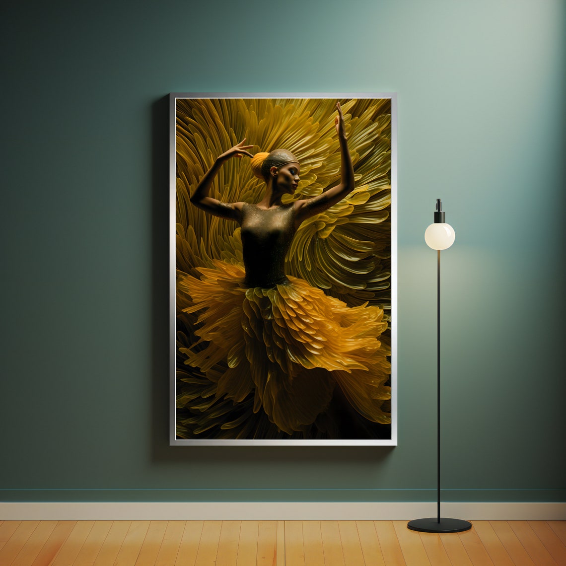 Ballerina In Golden Feather Tutu Arms Raised Dramatic Dance Art Poster - Image 4