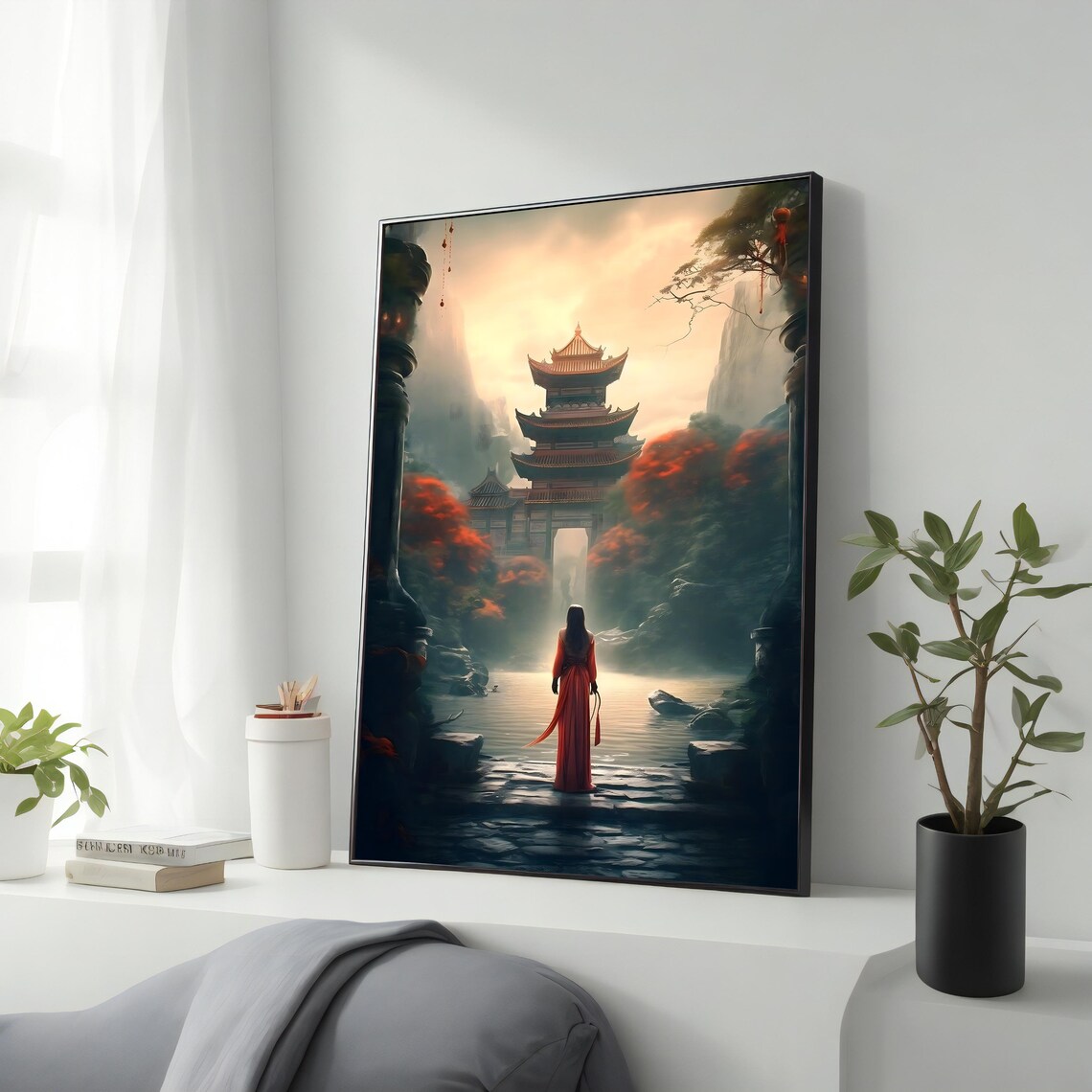 Woman in Red Dress Before Misty Pagoda Temple Waterfall Art Poster