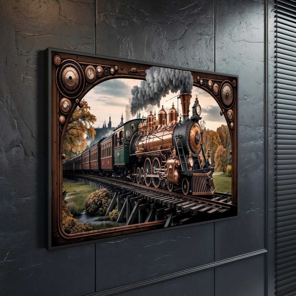 Steampunk Steam Locomotive Copper Frame Vintage Train Art Print