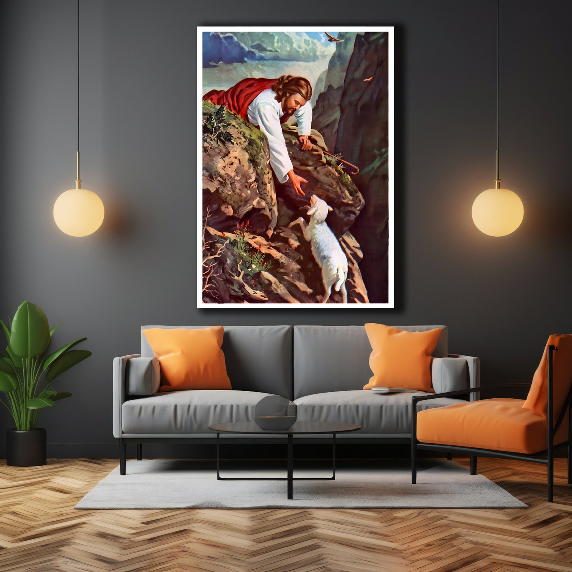 Jesus Reaching To Rescue Lost Lamb On Rocky Cliff Christian Art Poster - Image 3