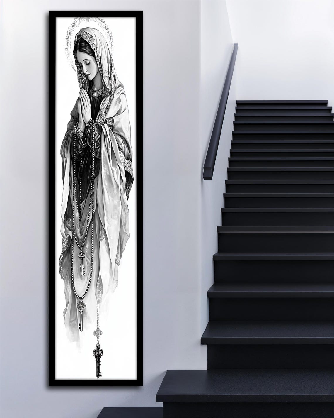 Virgin Mary Praying Rosary Black White Religious Vertical Art Poster - Image 3