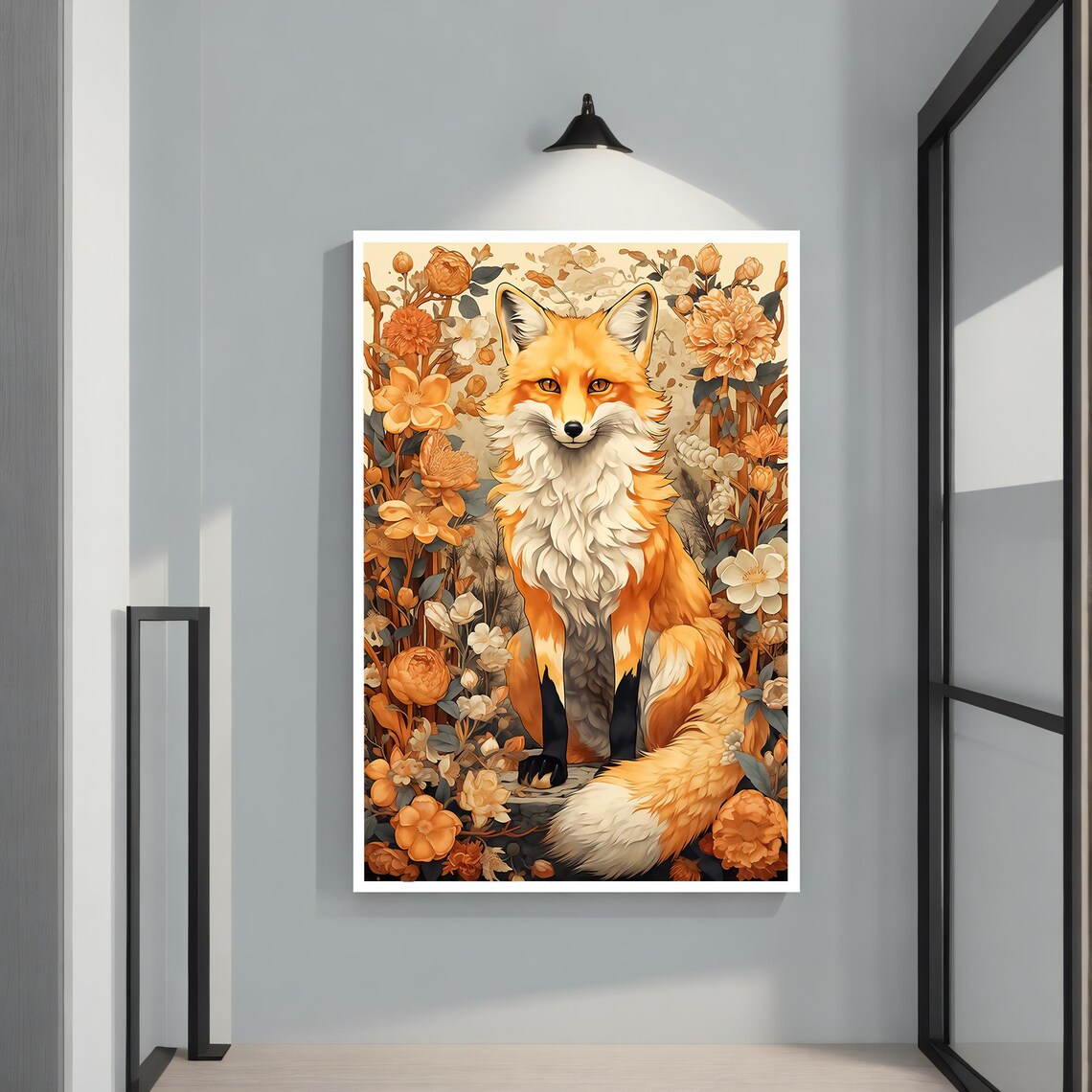 Red Fox Among Orange Blossoms Autumn Floral Wildlife Illustration Poster - Image 2