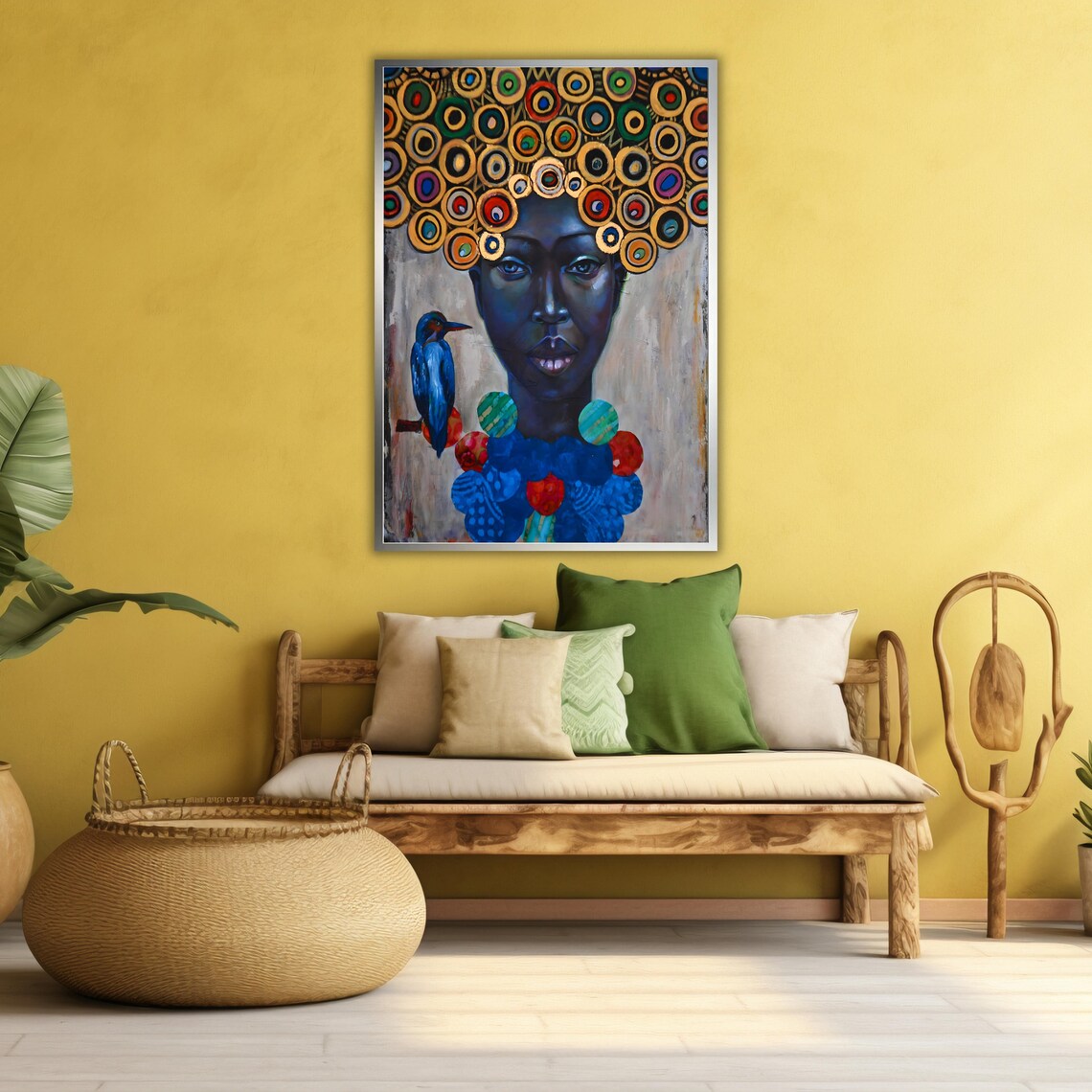 Colorful Circle Headdress Woman Portrait Blue Bird Modern Art Poster - Image 4