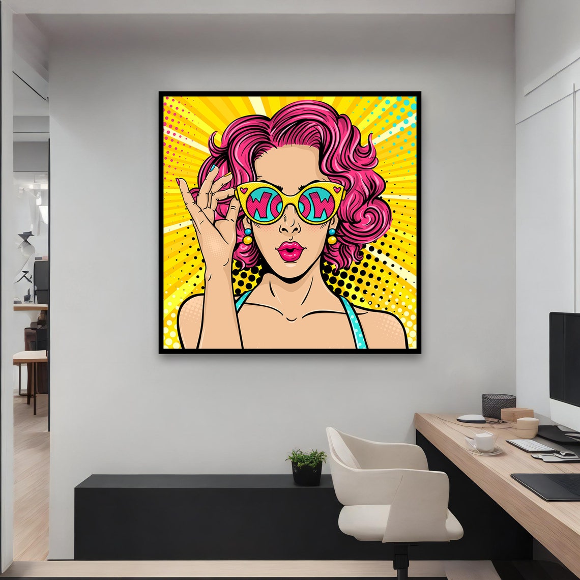 Pop Art Woman Pink Hair WOW Sunglasses Retro Comic Style Wall Art - Image 3