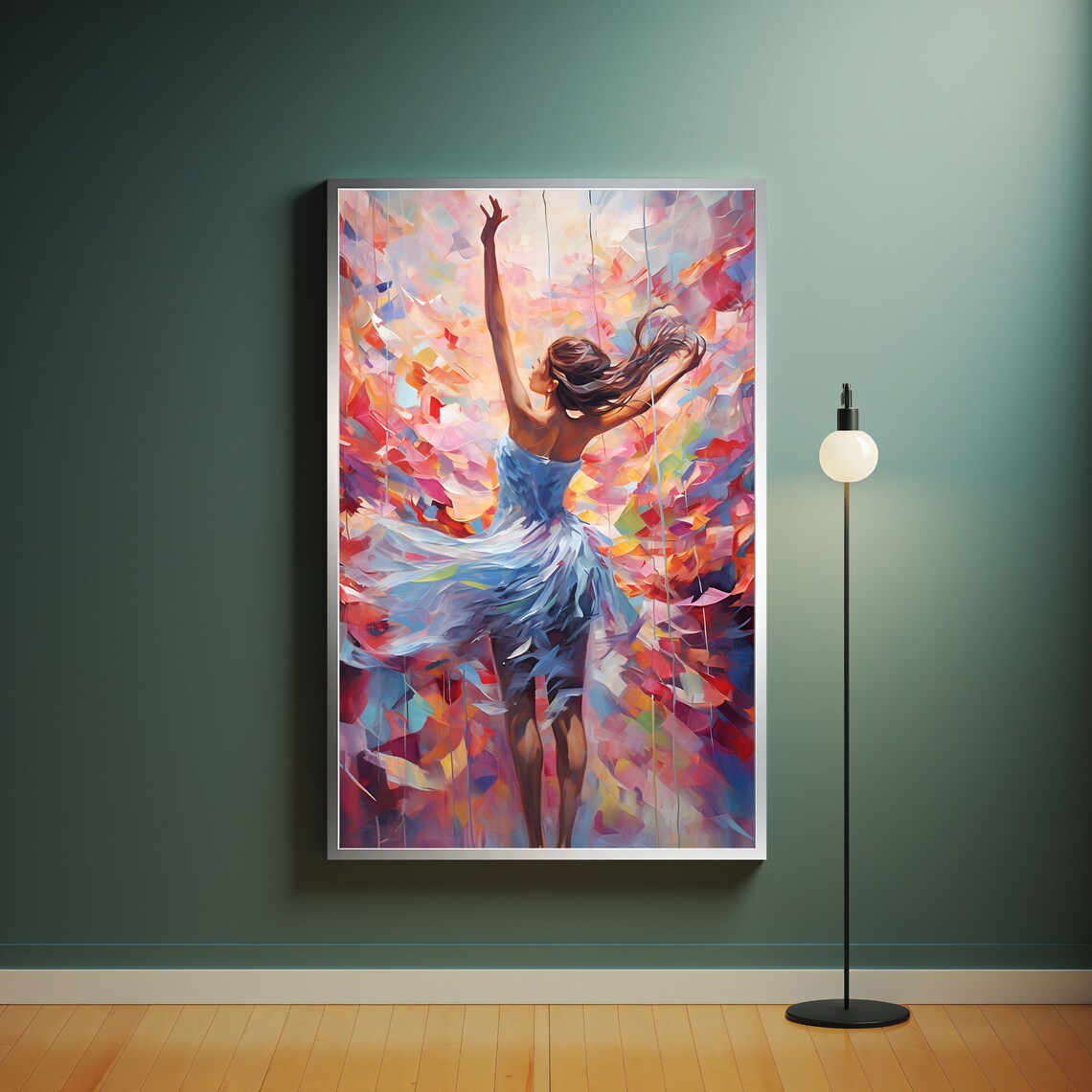 Woman Dancing Blue Dress Colorful Abstract Joyful Dance Art Poster - Image 4