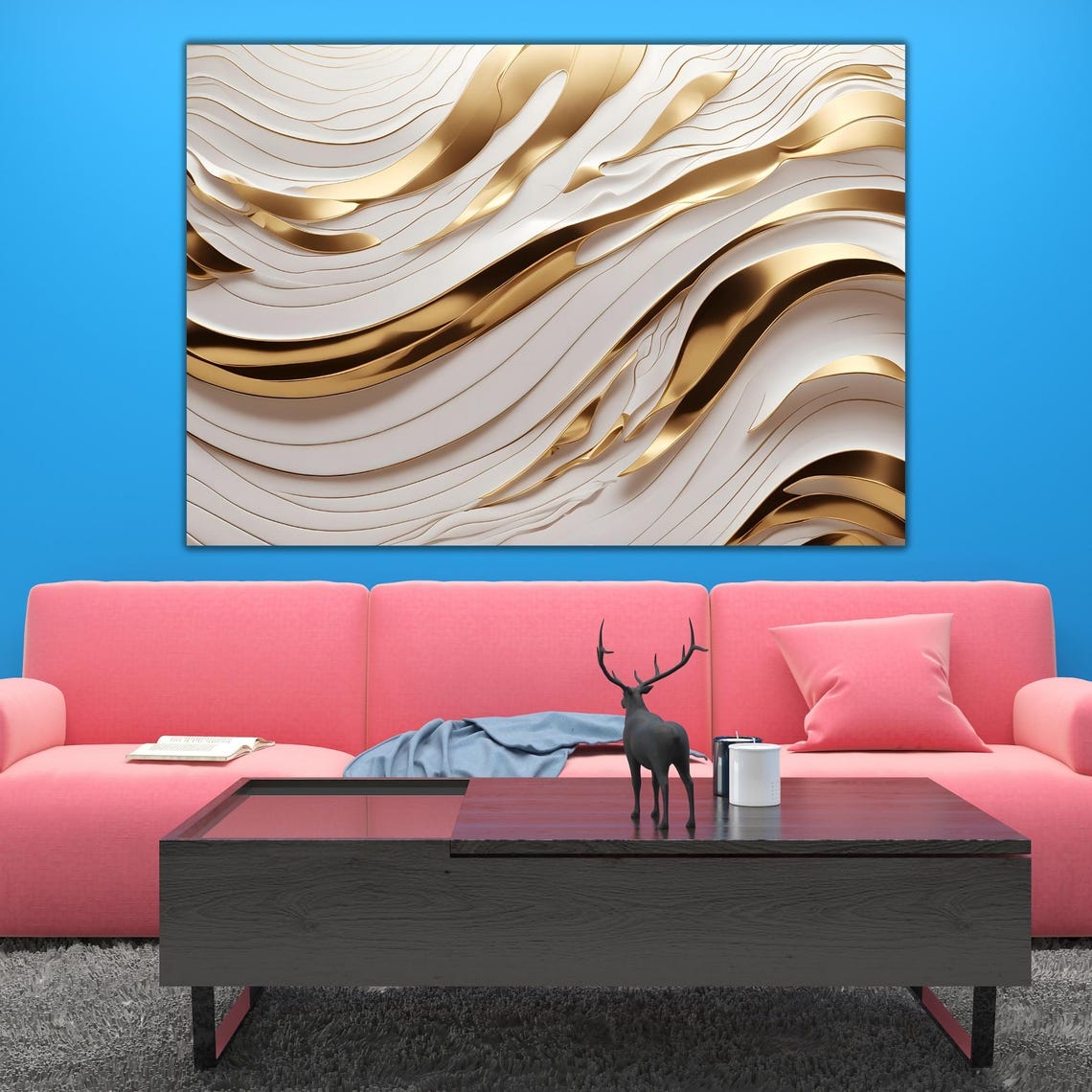 Luxury White Gold Marble Flowing Waves Abstract 3D Modern Wall Poster - Image 2
