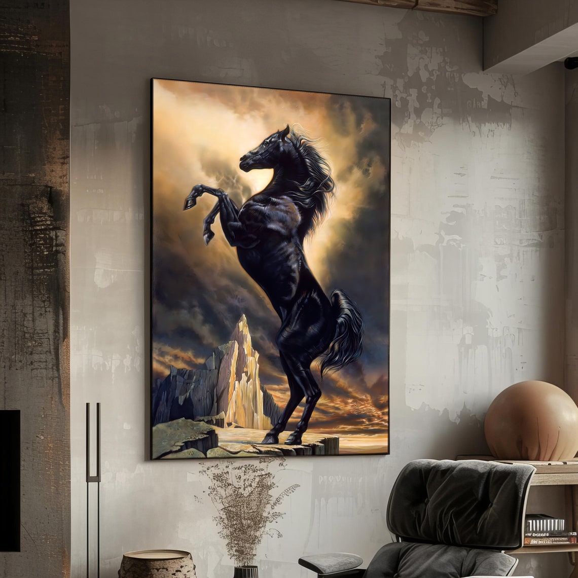 Black Stallion Rearing Dramatic Sunset Mountain Fantasy Horse Poster