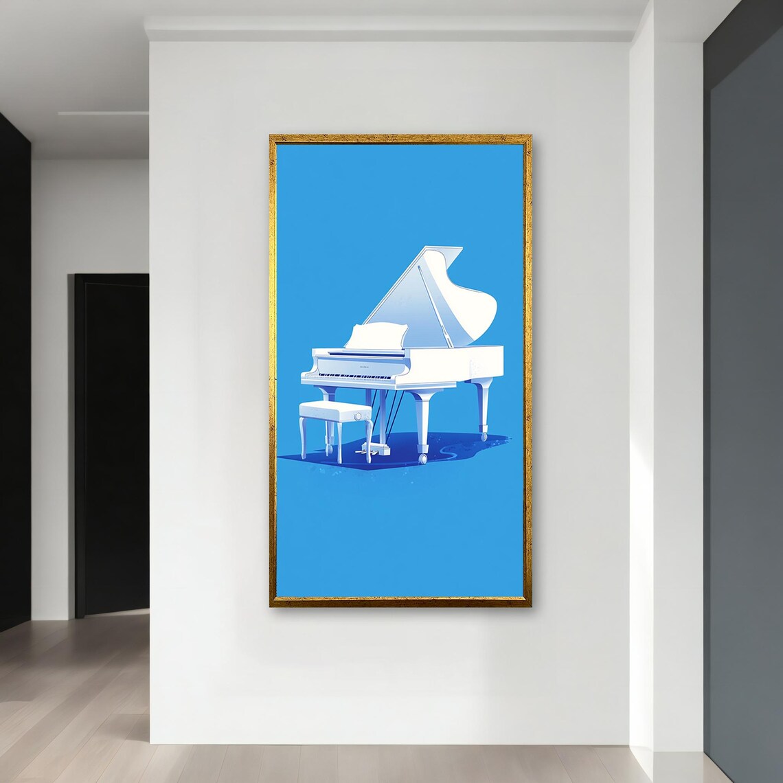 Minimalist White Grand Piano Bold Blue Background Modern Music Room Decor Poster - Image 4