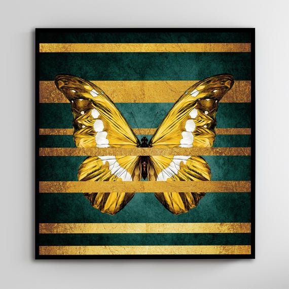 Golden Butterfly On Striped Print Modern Wall Art Ready To Hang Modern Home Decor Unique Nature Decor Gift Idea