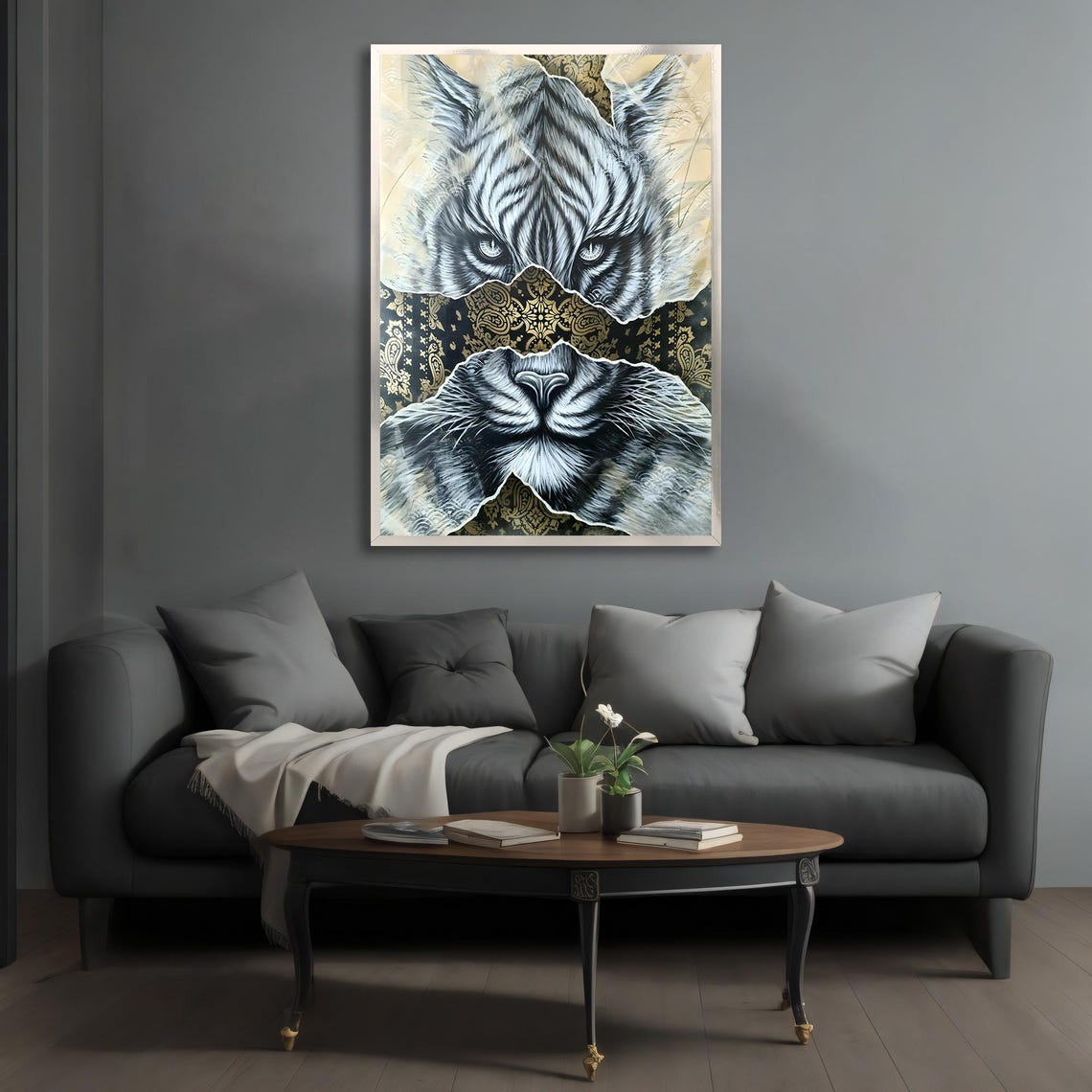 White Tiger Eyes Torn Paper Black Gold Damask Elegant Wildlife Poster - Image 3
