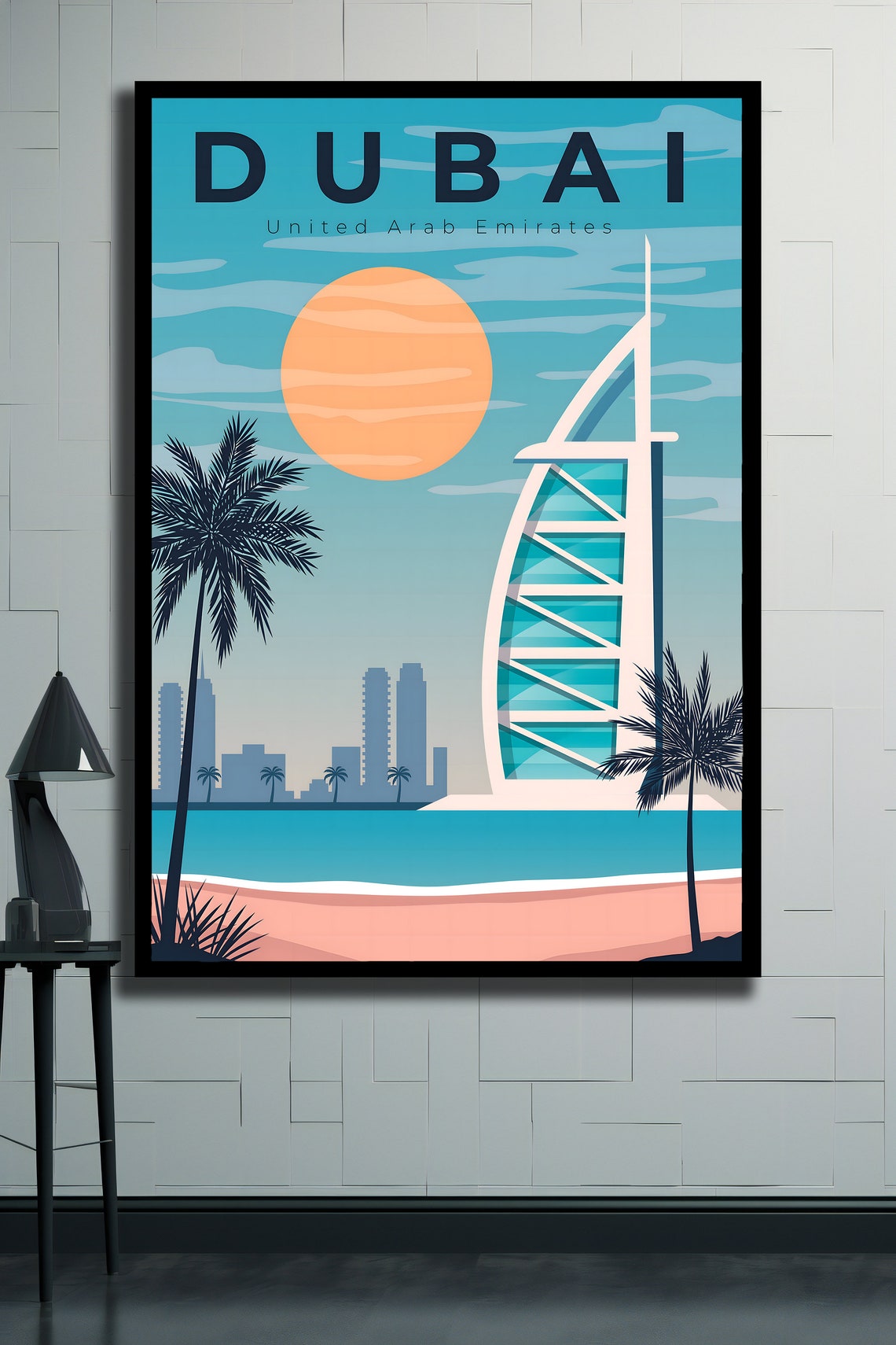 Dubai UAE Burj Al Arab Beach Palm Trees Retro Sunset Travel Poster - Image 2