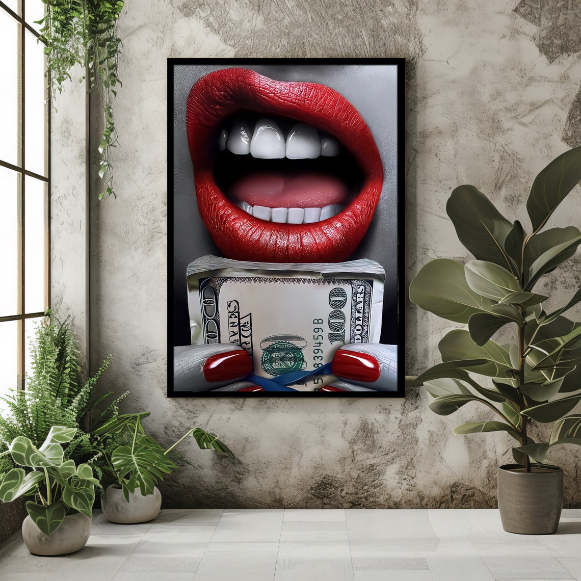 Red Lips Biting Money Luxury Dollar Bill Pop Art Wall Poster - Image 2