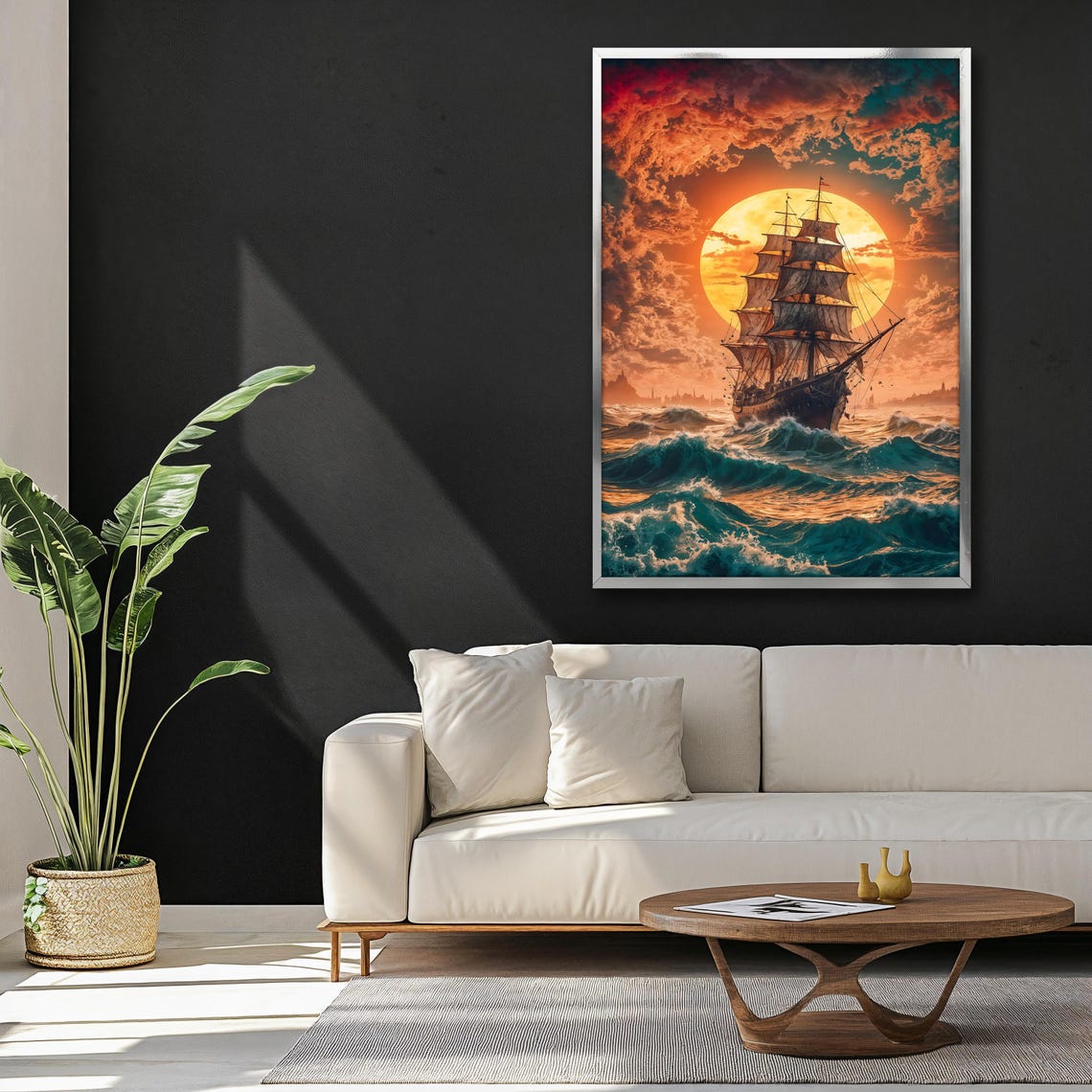 Tall Ship At Sunset Fiery Orange Sky Teal Ocean Waves Maritime Poster - Image 3