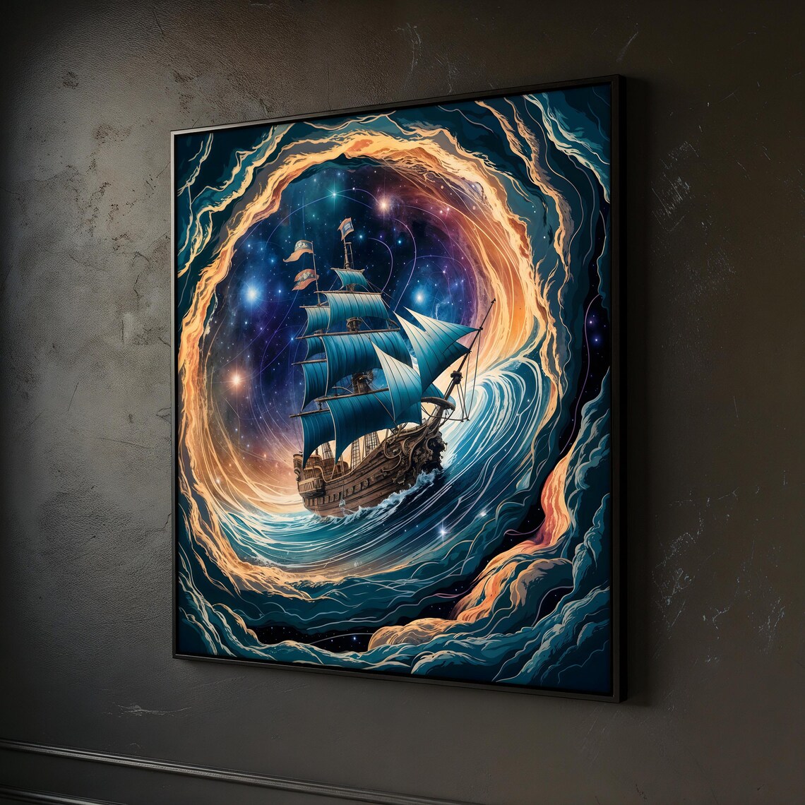 Surreal Tall Ship Sailing Through Starry Cosmic Whirlpool Fantasy Poster