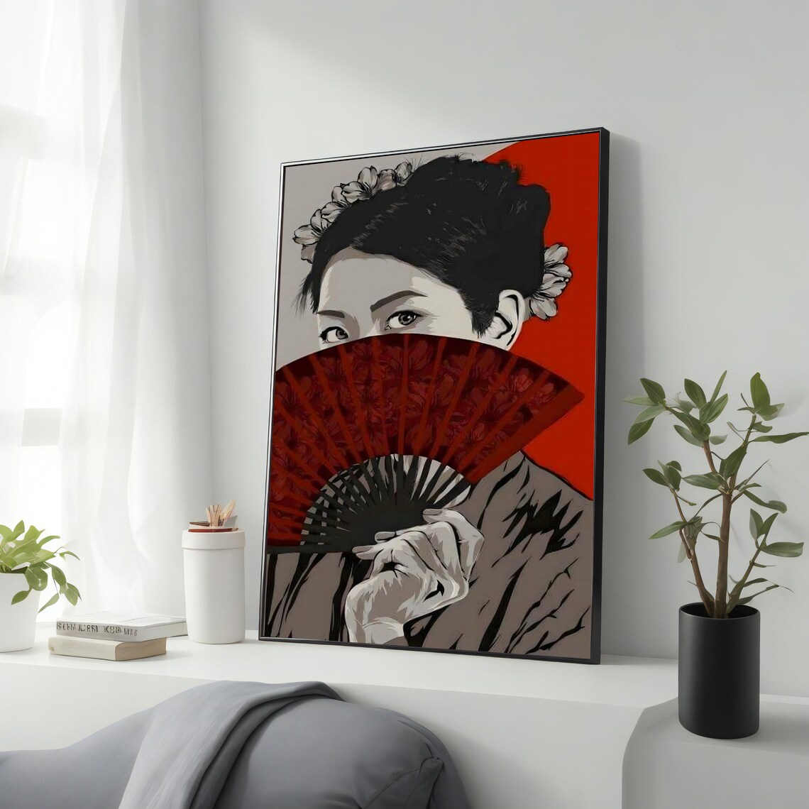 Geisha Woman with Red Fan Bold Red and Black Pop Style Art Poster