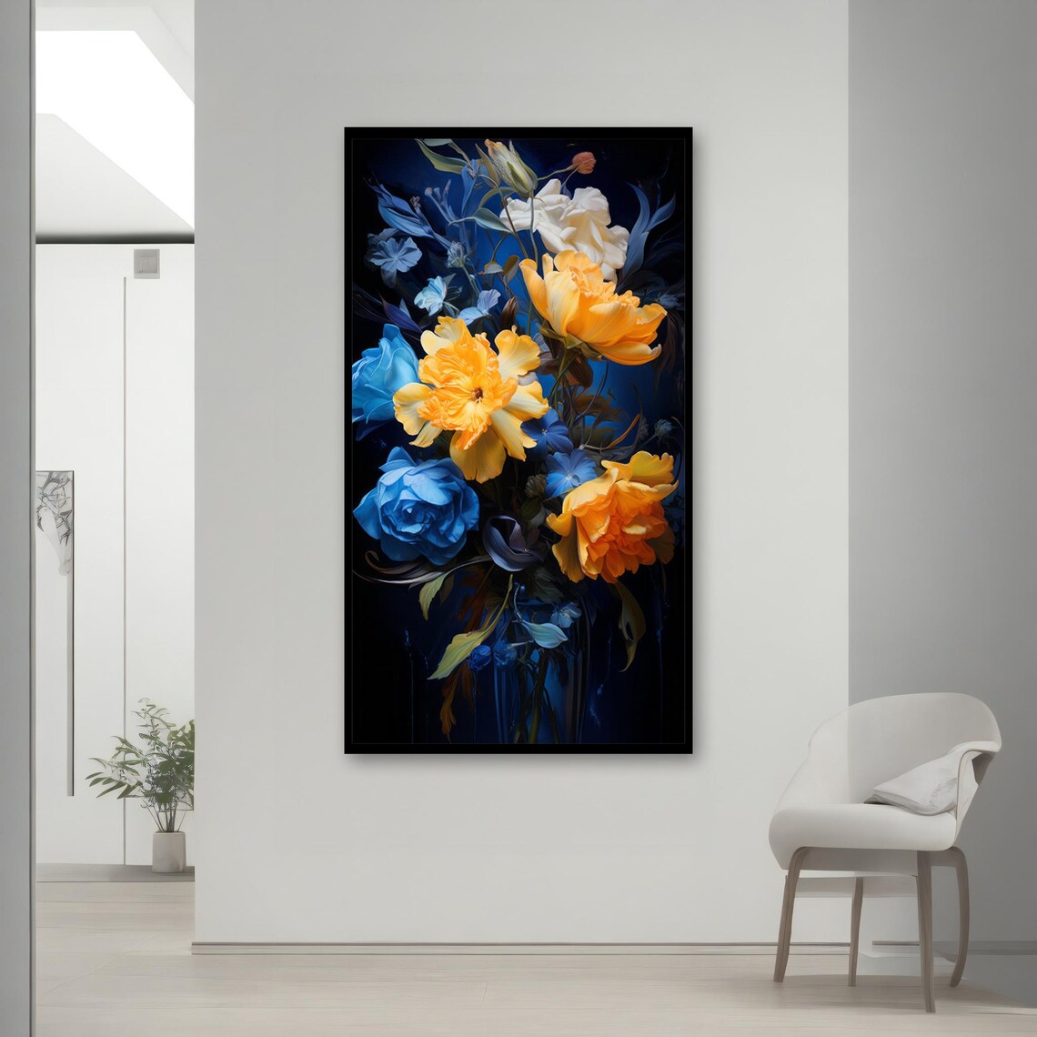 Vibrant Yellow Peony Blue Rose Dark Botanical Painting Art Poster - Image 2