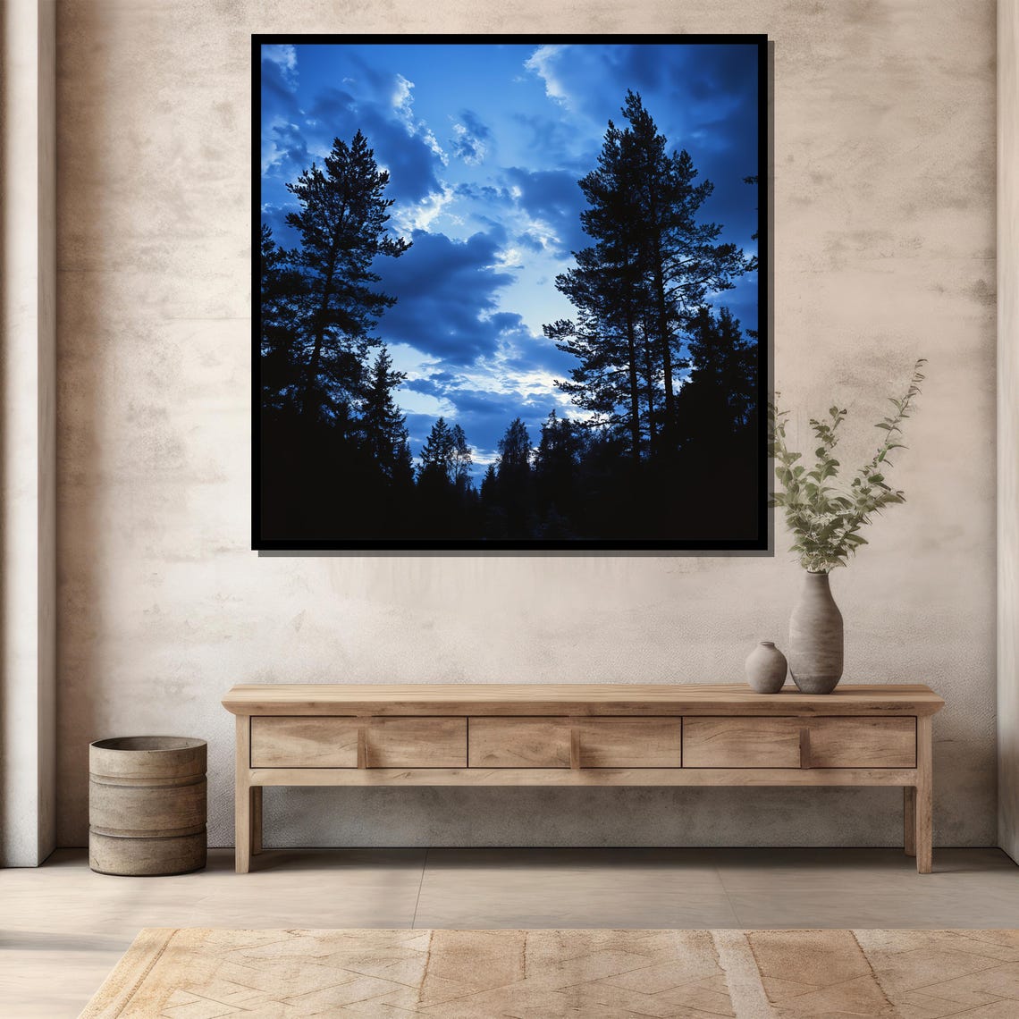 Blue Forest Night Sky Pine Tree Silhouettes Moody Nature Wall Poster - Image 3