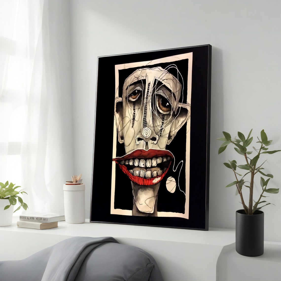 Abstract Expressionist Face Red Lips Ink Line Modern Art Poster