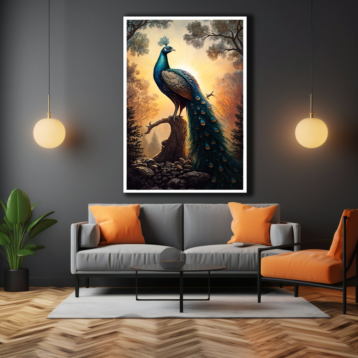 Blue Peacock Perched On Forest Branch Golden Sunset Animal Art Poster - Image 3