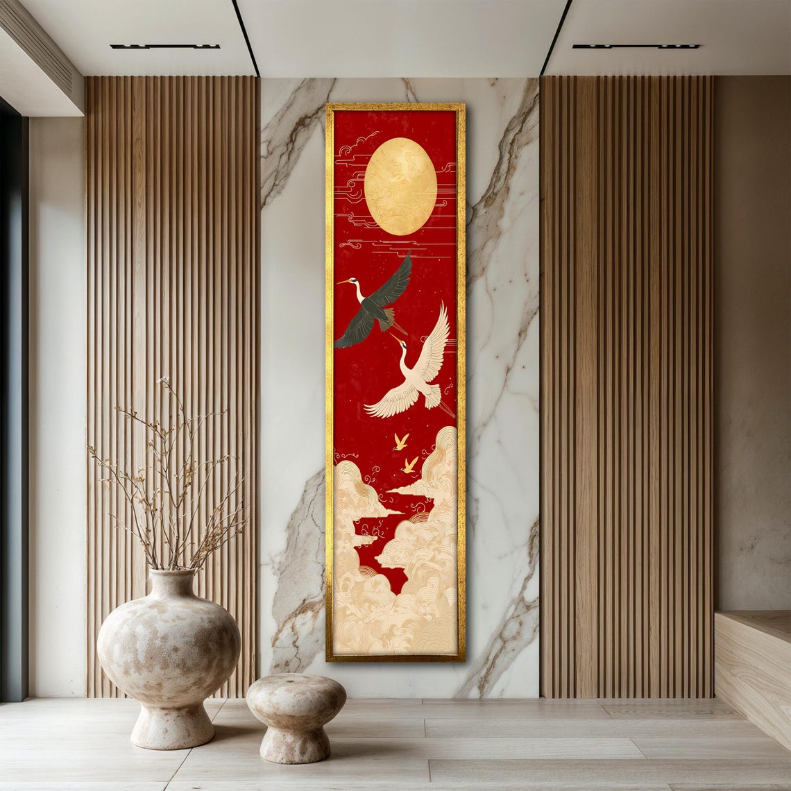 Japanese Cranes Gold Sun Red Sky Asian Style Vertical Art Poster